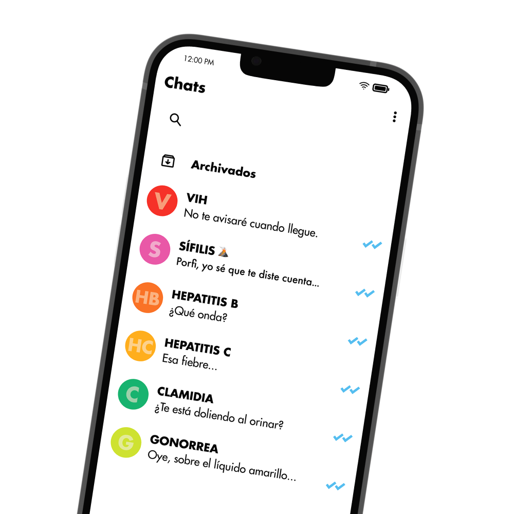 Smartphone screen showing a Chats list with colored circular icons and names like VIH, SÍFILIS, HEPATITIS B, CLAMIDIA, GONORRREA in Spanish.